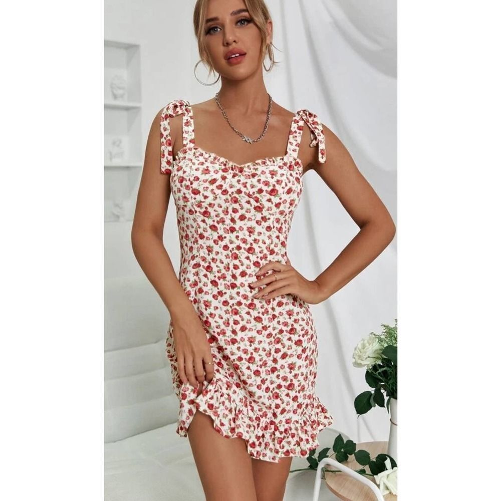 Ruffle Hem Dress With Tie Shoulders size L